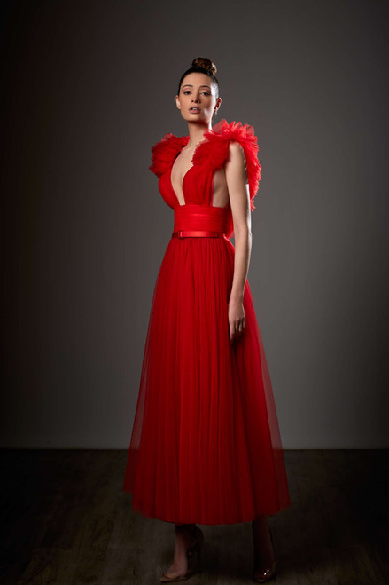 Ziad Germanos Sleeveless Plunging Neck Pleated Gown