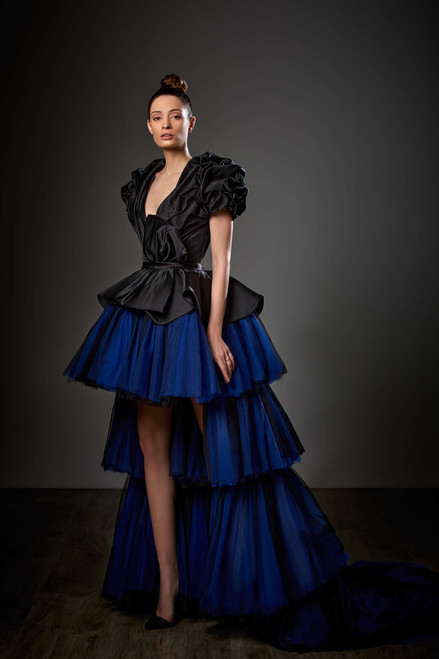 Ziad Germanos Satin And Tulle Peplum High-low Gown