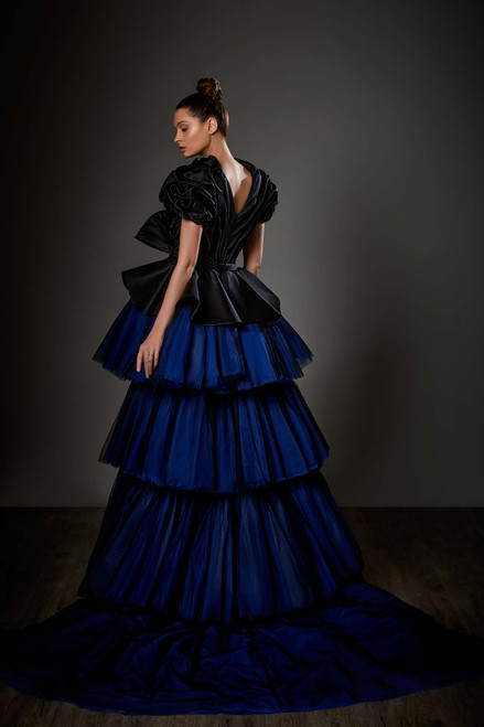 Shop Ziad Germanos Satin And Tulle Peplum High-low Gown
