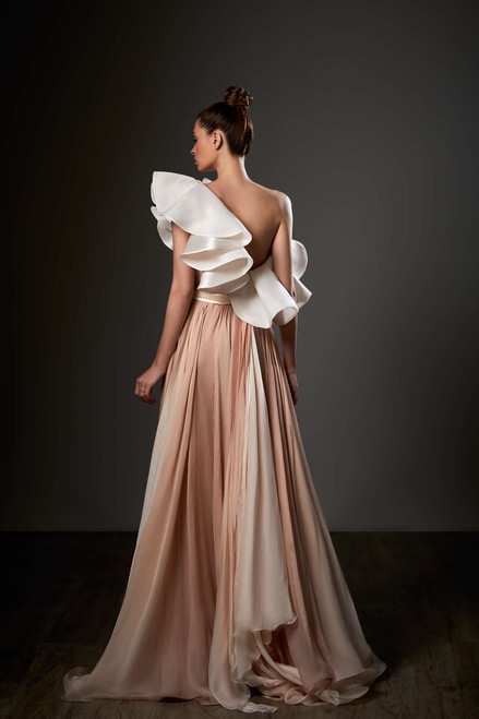 Shop Ziad Germanos Ruffled One Shoulder Pleated Slit Gown