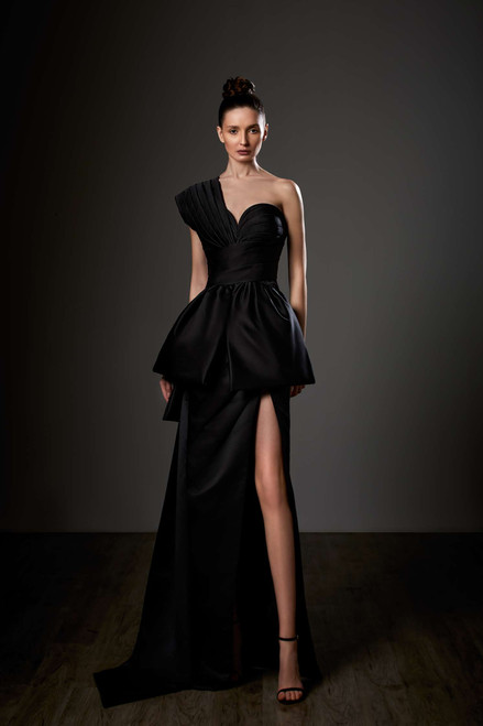 Ziad Germanos One Shoulder Peplum Satin Gown