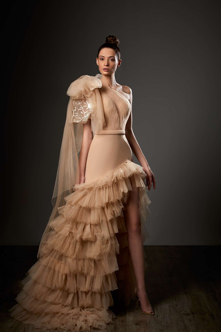 Ziad Germanos Draped One Shoulder Tiered Gown