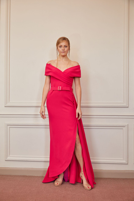 Shop Gatti Nolli By Marwan Off Shoulder Belted Slit Gown