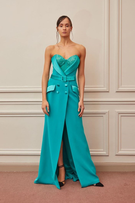 Gatti Nolli By Marwan Belted Sweetheart Neck Slit Gown