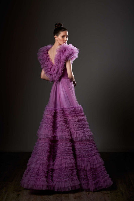 Shop Ziad Germanos Ruffled V-neck A-line Gown In Purple