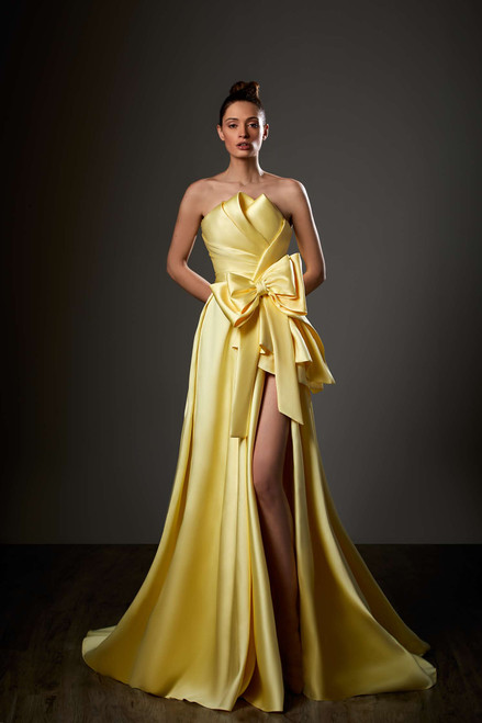 Shop Ziad Germanos Satin Sculpted Bow Slit Gown
