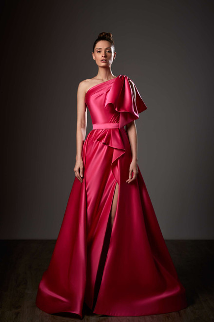 Shop Ziad Germanos Draped One Shoulder A-line Slit Gown