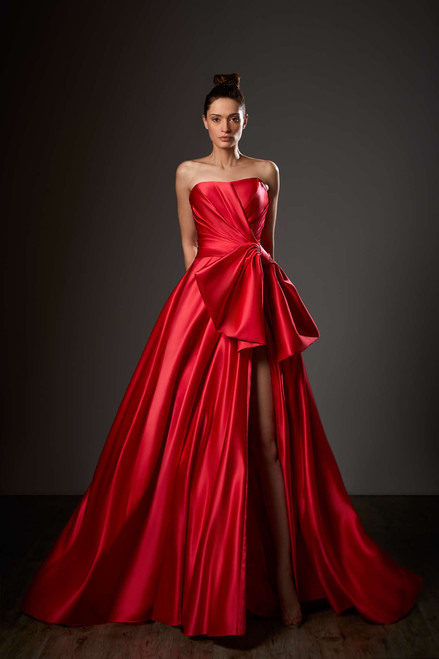 Shop Ziad Germanos Strapless Sculpted Bow A-line Slit Gown