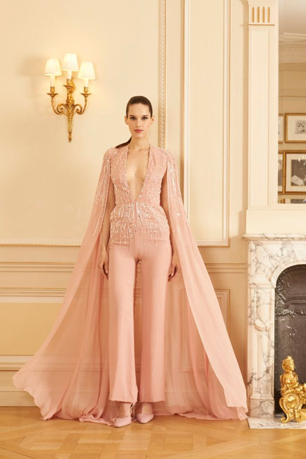 Shop Georges Hobeika Beaded Georgette Jumpsuit With Cape