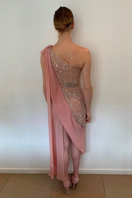 Shop Georges Hobeika Draped One Shoulder Beaded Tulle Slit Gown