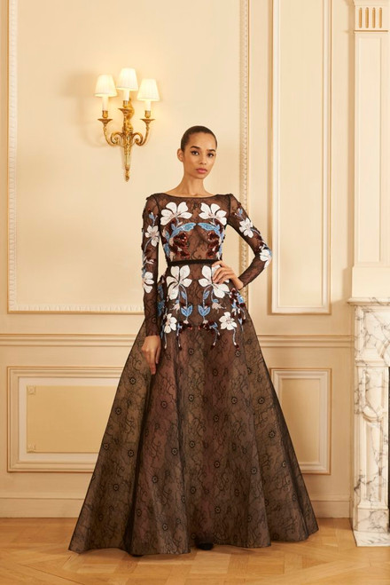 Shop Georges Hobeika Long Sleeve Beaded Lace A-line Gown