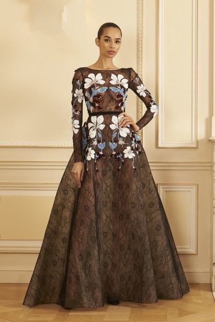 Shop Georges Hobeika Long Sleeve Beaded Lace A-line Gown