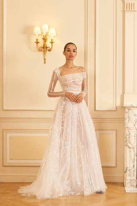Shop Georges Hobeika Beaded Tulle Long Sleeve Gown