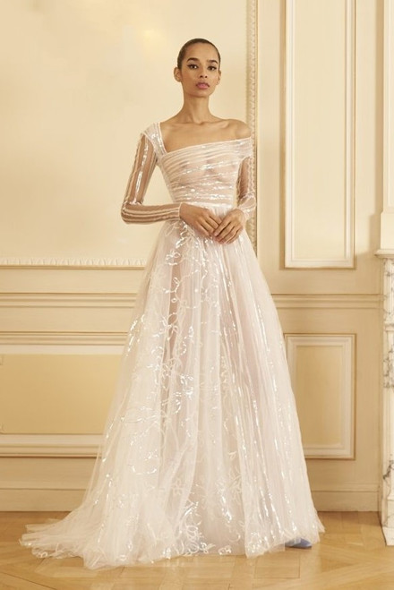 Shop Georges Hobeika Beaded Tulle Long Sleeve Gown