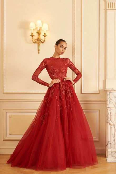 Shop Georges Hobeika Beaded Tulle Long Sleeve A-line Gown