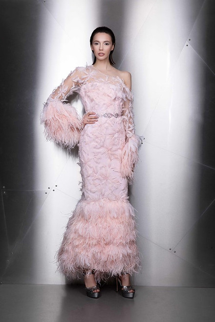 Shop Ziad Nakad Feathered One Shoulder Gown In Pink