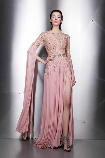 Shop Ziad Nakad Draped Sleeve Embellished Slit Gown