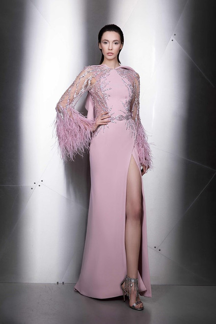 Shop Ziad Nakad Long Sleeve Feathered Slit Gown In Pink