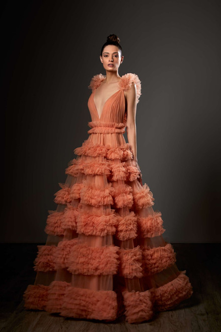 Shop Ziad Germanos Tiered Ruffled V-neck A-line Gown In Rust