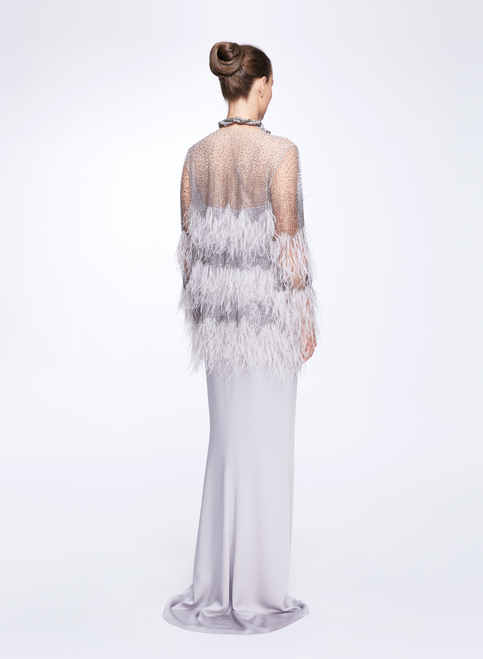 Shop Marchesa Embellished Neck Feathered Sequin Gown