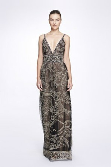 Shop Marchesa Deep V-neck Sleeveless Gown With Cape