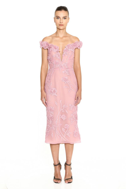 Shop Marchesa Off Shoulder Re-embroidered Beaded Lace Midi Dress