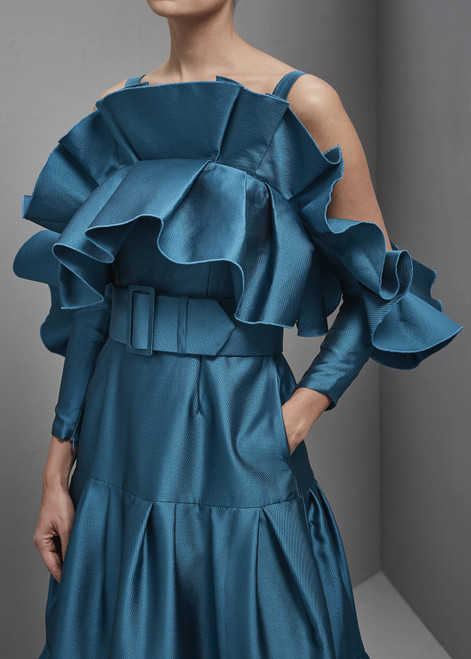 Shop Khoon Hooi Molly Ruffled Taffeta Long Sleeve Gown