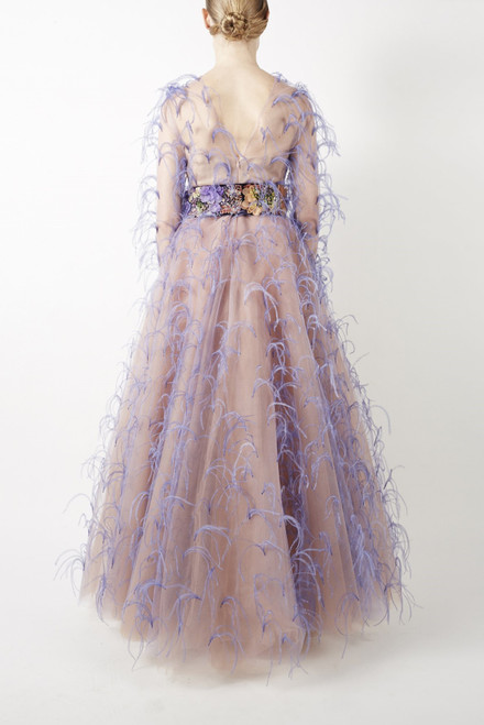 Shop Khoon Hooi Anouk Feathered Long Sleeve Ball Gown