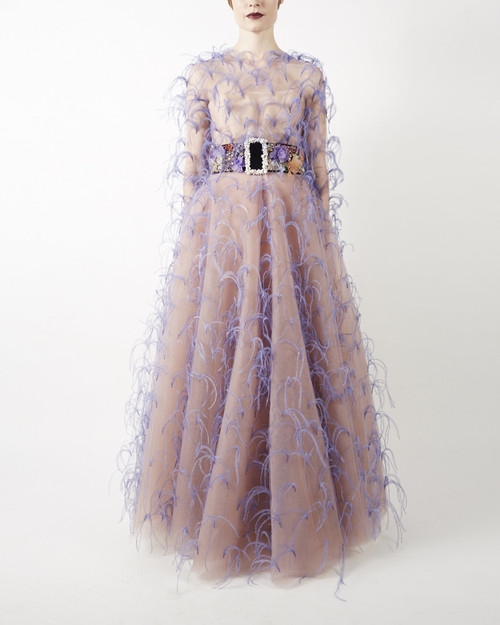 Shop Khoon Hooi Anouk Feathered Long Sleeve Ball Gown