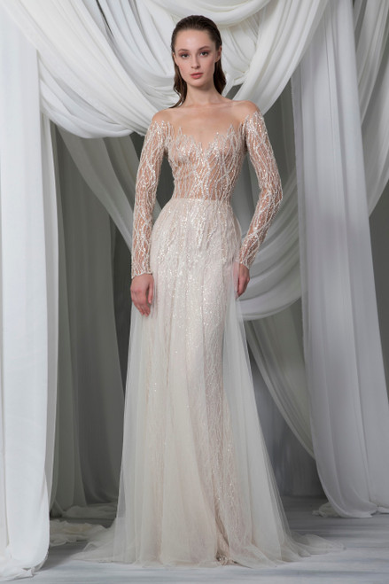 Shop Tony Ward Long Sleeve Hand Embroidered Tulle Gown