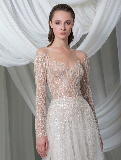 Shop Tony Ward Long Sleeve Hand Embroidered Tulle Gown