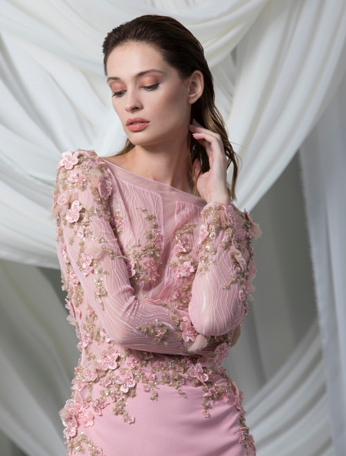 Shop Tony Ward Long Sleeve Illusion Lace And Crêpe Marocain Dress