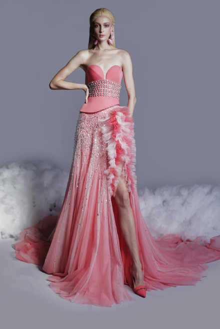 Georges Hobeika Beaded Crepe Corset Tulle Gown