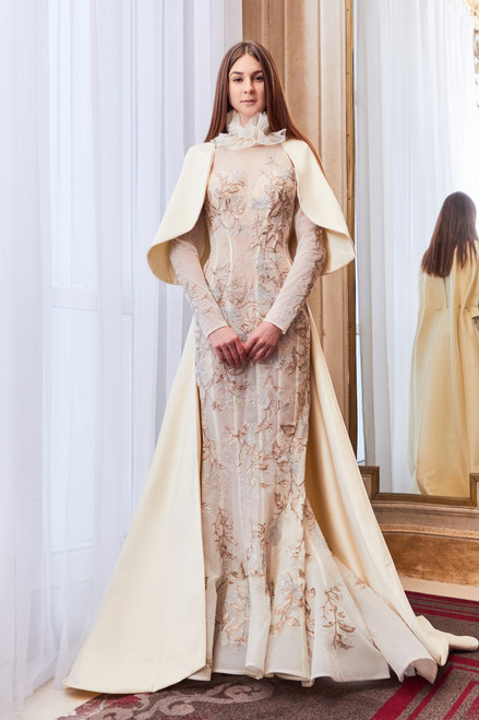 Jane Cape Gathered Silk Organza Extra Long Length Dress | MEAN BLVD