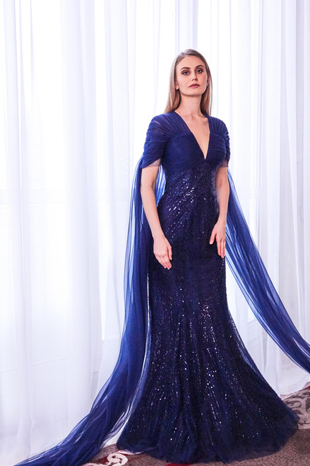 Photo of Shaded blue gown with sheer net cape with sequin work