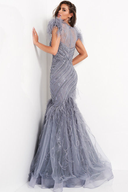 Shop Jovani Feather Embellished Mermaid Gown
