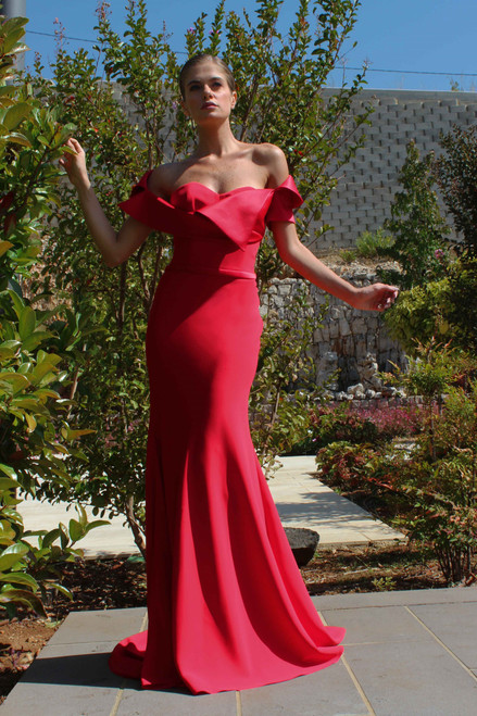 Edward Arsouni Crepe And Satin Off Shoulder Gown
