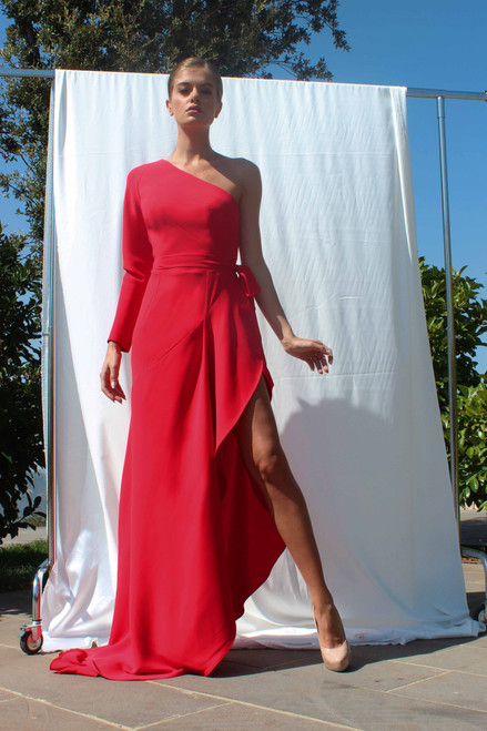 Edward Arsouni Crepe Wrap Slit Gown