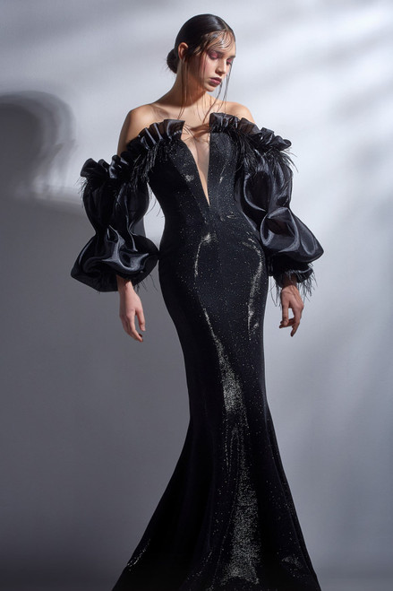 Gaby Charbachy Long Sleeve Off Shoulder Trumpet Gown