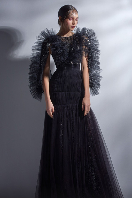 Gaby Charbachy Ruffled Long Sleeve A-line Gown