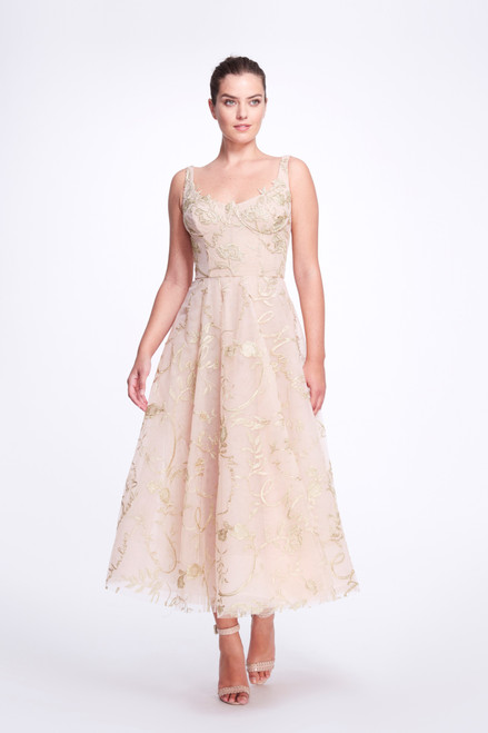 Shop Marchesa Scoop Neck Embroidered Tulle Midi Dress