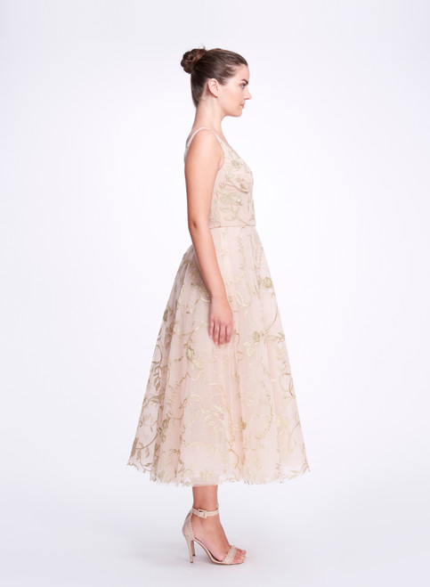Shop Marchesa Scoop Neck Embroidered Tulle Midi Dress