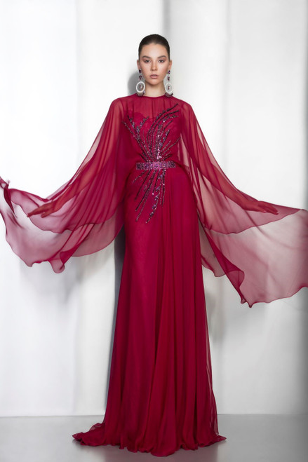 Shop Ziad Nakad Cape Sleeve Embellished Gown