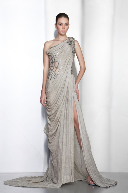 Shop Ziad Nakad Embellished One Shoulder Slit Gown