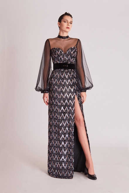 Shop Gatti Nolli By Marwan Long Sleeve Embellished Illusion Slit Gown