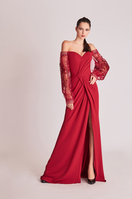 Shop Gatti Nolli By Marwan Long Sleeve Off The Shoulder Slit Gown