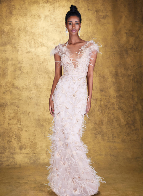 Shop Marchesa V-neckline Illusion Tulle Gown