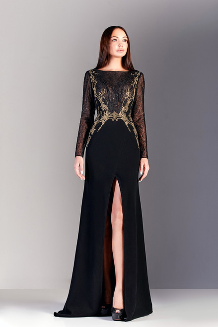 Edward Arsouni Long Sleeve Embroidered Crepe Gown