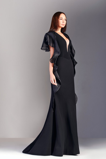 Edward Arsouni Crepe Gown With Organza Sleeves