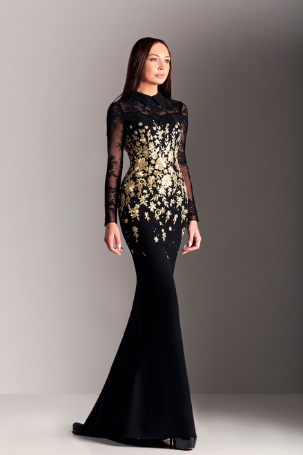 Edward Arsouni Embroidered Long Sleeve Crepe Gown